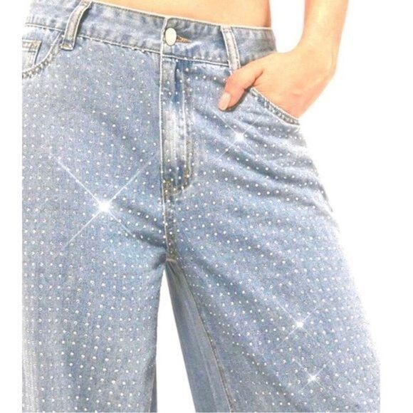 YFB Rhinestone Concert Ryker Wide Leg High Rise Jeans in Blue Small - Picture 1 of 9